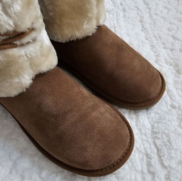 Natural Reflections Bernie Suede Shearling Tan Wrap Around Detail Cozy Boots - Picture 7 of 11